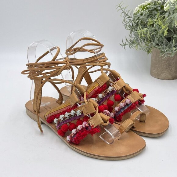 Barbara Barbiere Tassel Pom Pom Festival Gladiator Jewel Beaded Boho Sandals - Picture 1 of 10